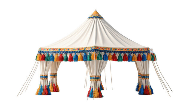 Large white festive tent decorated with multicolored tassels and transparent background, perfect for outdoor events and celebrations, adding a touch of elegance and vibrancy