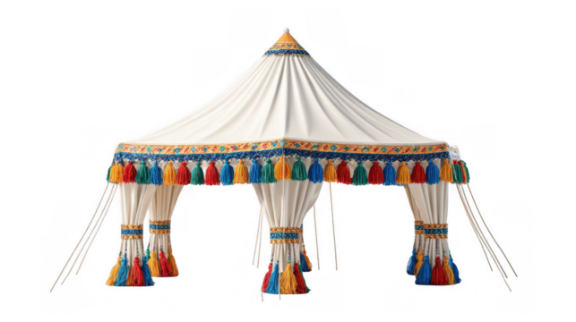 Large white festive tent decorated with multicolored tassels and transparent background, perfect for outdoor events and celebrations, adding a touch of elegance and vibrancy