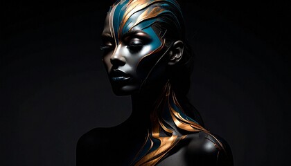 Layered Teal, Coral, Violet, and Gold Makeup on Abstract Female Form in Studio Setting