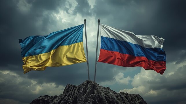 Digital art of Ukraine and Russia flags waving strongly, facing each other over rocky ground. Dramatic cloudy sky with bold lighting highlights textured fabric, showing tension and conflict.

