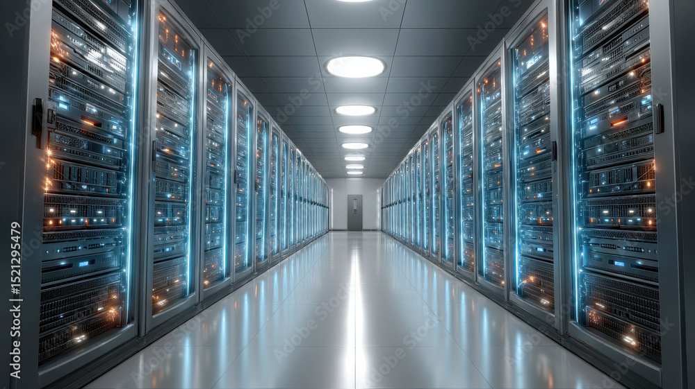 Poster modern data center with illuminated server racks