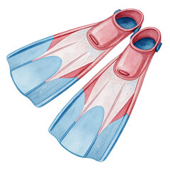 Summer swim gear illustrated in watercolor with pastel pink and blue flippers highlighted