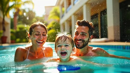 happy family with a child having fun and relaxing in indoor swimming pool at hotel resort. Young man and woman with kid in Aqua park. Summer Vacation. Weekend on resort. Hotel activities Special offer - Powered by Adobe