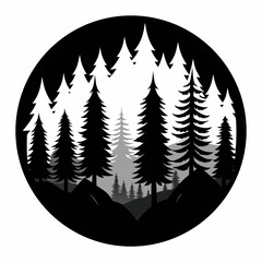 Obraz premium Silhouette of pine trees and mountains in a circular design, pine trees, mountains, forest, woods