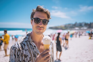 A handsome man with sunglasses smiles at the camera while holding an ice cream cone on a sunny beach