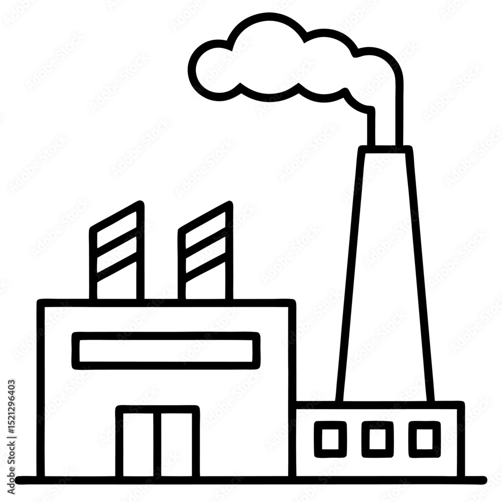 Poster simple line drawing of a factory with smoke stack pollution