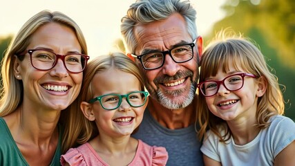 Happy caucasian family of four wearing eyeglasses. Selective focus. Smiling mother, father, son and daughter wearing eyeglasses in various frames. Optics store, family clinic, eyewear promotion