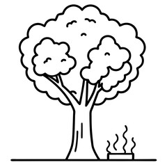 Simple line drawing of a tree and a small fire pit tree, fire, campfire, fire pit