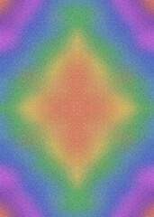 Abstract digital art with diamond-shaped glowing rainbow vivid hues and glitter shiny grainy texture background.