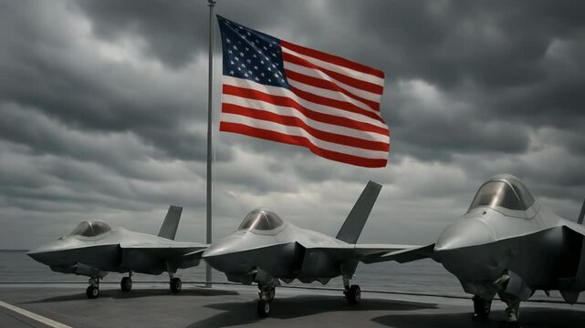 US Air Force Stealth Fighter Jets Lined Up with American Flag