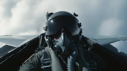 Intense Close-Up of a Fighter Pilot's Helmet in a Cockpit with Camera Shake - Powered by Adobe