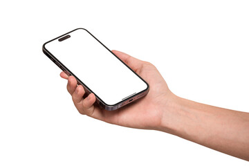 Hand showing smartphone with blank screen isolated. Premium high quality studio shot. Concept for business technology and advertising.