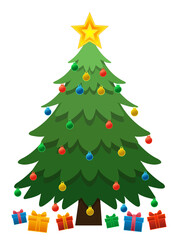 Christmas Tree Illustration with Colorful Ornaments and Star Topper