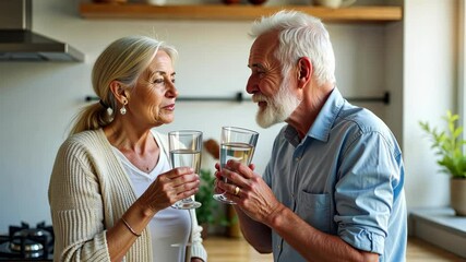 Mature man and woman drinking fresh pure water from glasses in kitchen Happy elderly couple holding glasses with water. Eating habits, water filter advertisement, healthy nutrition, water balance - Powered by Adobe