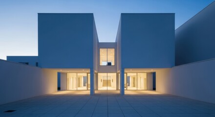 Modern White Building Exterior at Dusk with Open Space