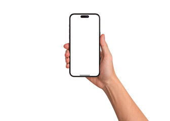 Hand showing smartphone with blank screen isolated. Premium high quality studio shot. Concept for business technology and advertising.