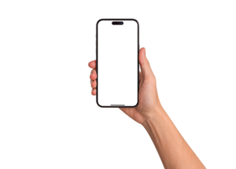 Hand showing smartphone with blank screen isolated. Premium high quality studio shot. Concept for business technology and advertising.