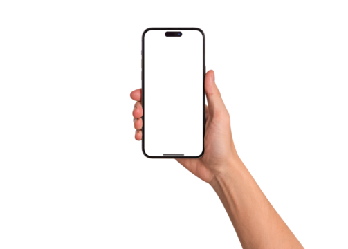 Hand showing smartphone with blank screen isolated. Premium high quality studio shot. Concept for business technology and advertising.