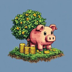 Pixel art piggy bank under money tree with gold coins on floating grass island and blue background
