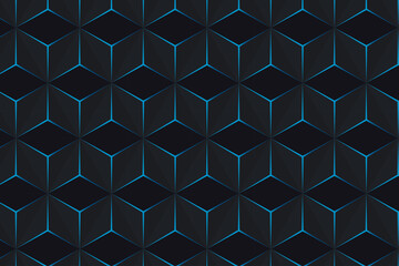 Abstract geometric pattern of overlapping dark cubes with light blue accents.