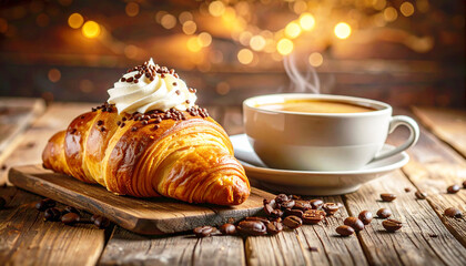 Cup of coffee and a croissant topped with whipped cream and sprinkles. AI