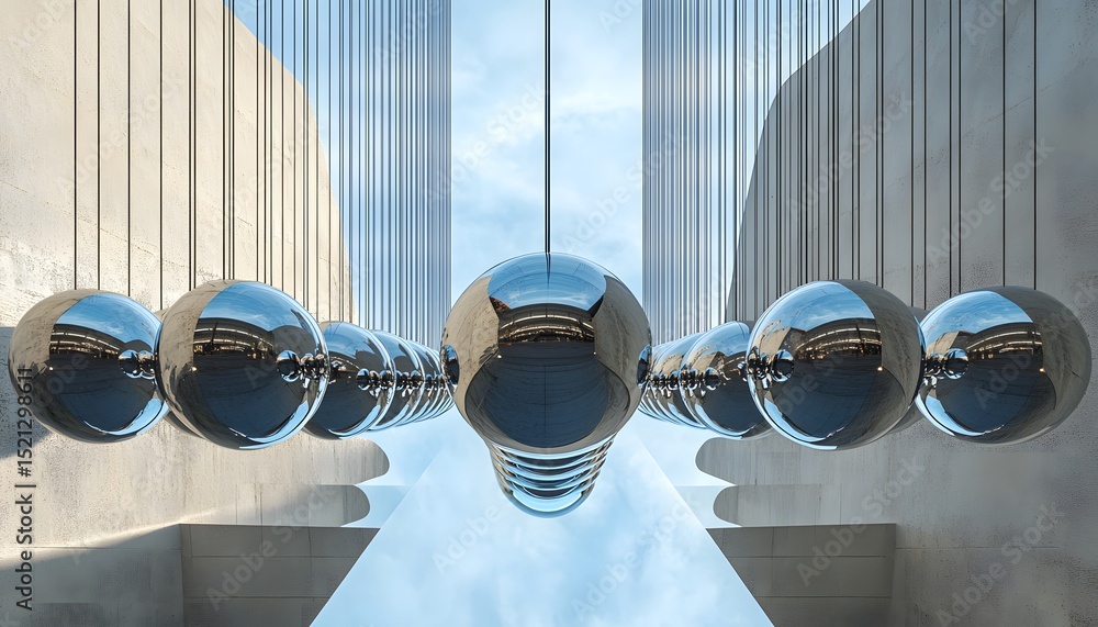 Poster polished spheres suspended on strings, reflecting the surrounding architecture.