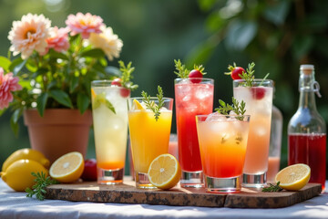 Fototapeta premium Beautiful row line of different colored cocktails on a party. Decorated catering bouquet table on open air event, picture with beautiful bokeh. AI