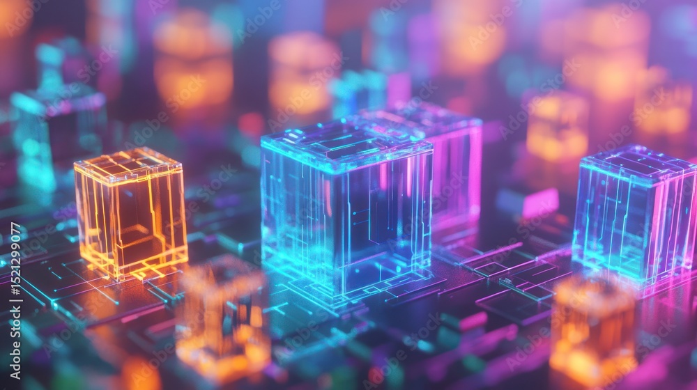 Wall mural transparent cubes with glowing circuitry on a network platform.