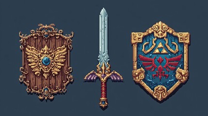 Pixel art fantasy sword and shields with ornate medieval designs on blue background for game or RPG style