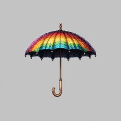 Vintage pixel art rainbow umbrella on gray background symbolizing pride, diversity, and weather protection