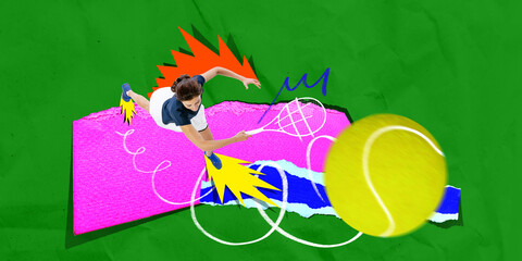 Female tennis player reaches for ball mid-air with pink textured court against green background....