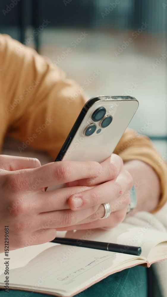 Aufkleber Man, hands and typing with phone for remote work, small business planning and schedule in notebook. Entrepreneur, mobile and connection in home for startup networking, research and making appointment