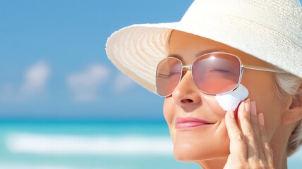 A woman applying sunscreen under the sun