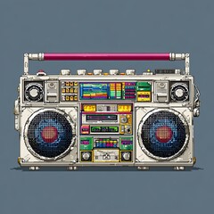 Colorful retro boombox with dual speakers and cassette deck on blue background in vintage pop style