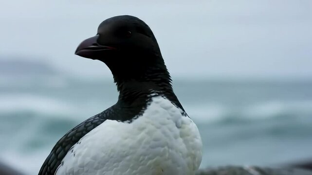 Detailed Close-Up of a Razorbill Bird with Distinctive Black and White Plumage