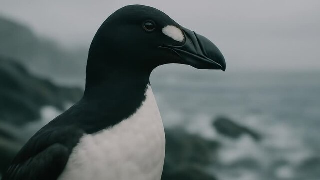 Great Auk Close Up Coastal Cliffs Dramatic Ocean Waves