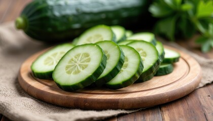 Fresh cucumber slices on wooden board