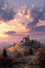 Castle-like house on autumn hilltop surrounded by forest under dramatic sunset sky with flying birds