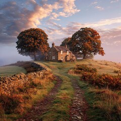 Stone cottage on country hill with autumn trees and winding path under dramatic sky at golden hour