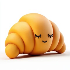 3D icon of a croissant with sleepy eyes and a soft smile, isolated on white