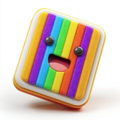 3D icon of a candy with rainbow stripes and a giggling face, isolated on white