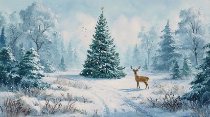 Snowy forest with decorated Christmas tree and deer under soft winter light in peaceful seasonal landscape