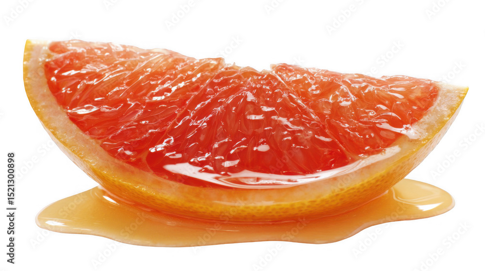 Poster juicy grapefruit segment rests in a pool of syrupy sweetness, its vibrant color and glistening textu