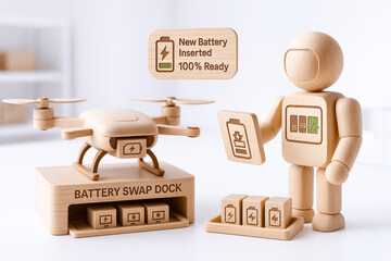 Wooden robot figure with display on its chest and drone with battery swap dock, indicating new battery is inserted and ready for use, in bright modern setting