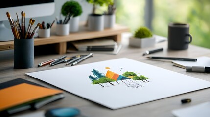Naklejka premium office workspace with painting supplies