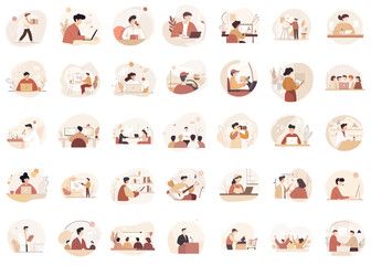 Obraz premium 35 pcs set vector illustrations of work environment, creative mood, people working, light colors, copy space
