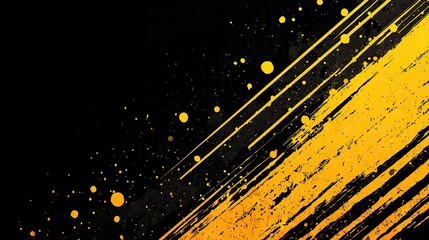 Background with diagonal black and yellow lines, paint splatters, and grunge textures. Great for banner ads, street art style designs, perfect for sports products such as cars or sports equipment.