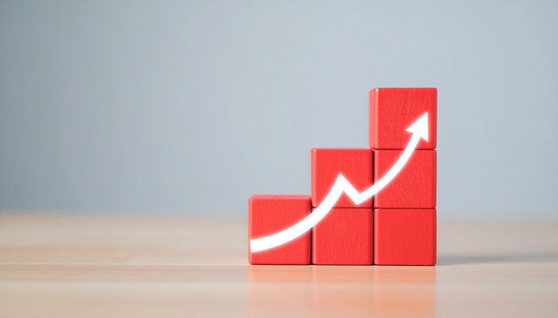 Red cube with an upward arrow, symbolizing business progress, finance and investment growth.