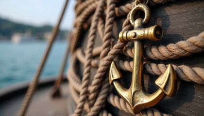 Nautical with ropes on wooden ship deck
