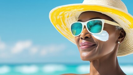 A woman applying sunscreen under the sun